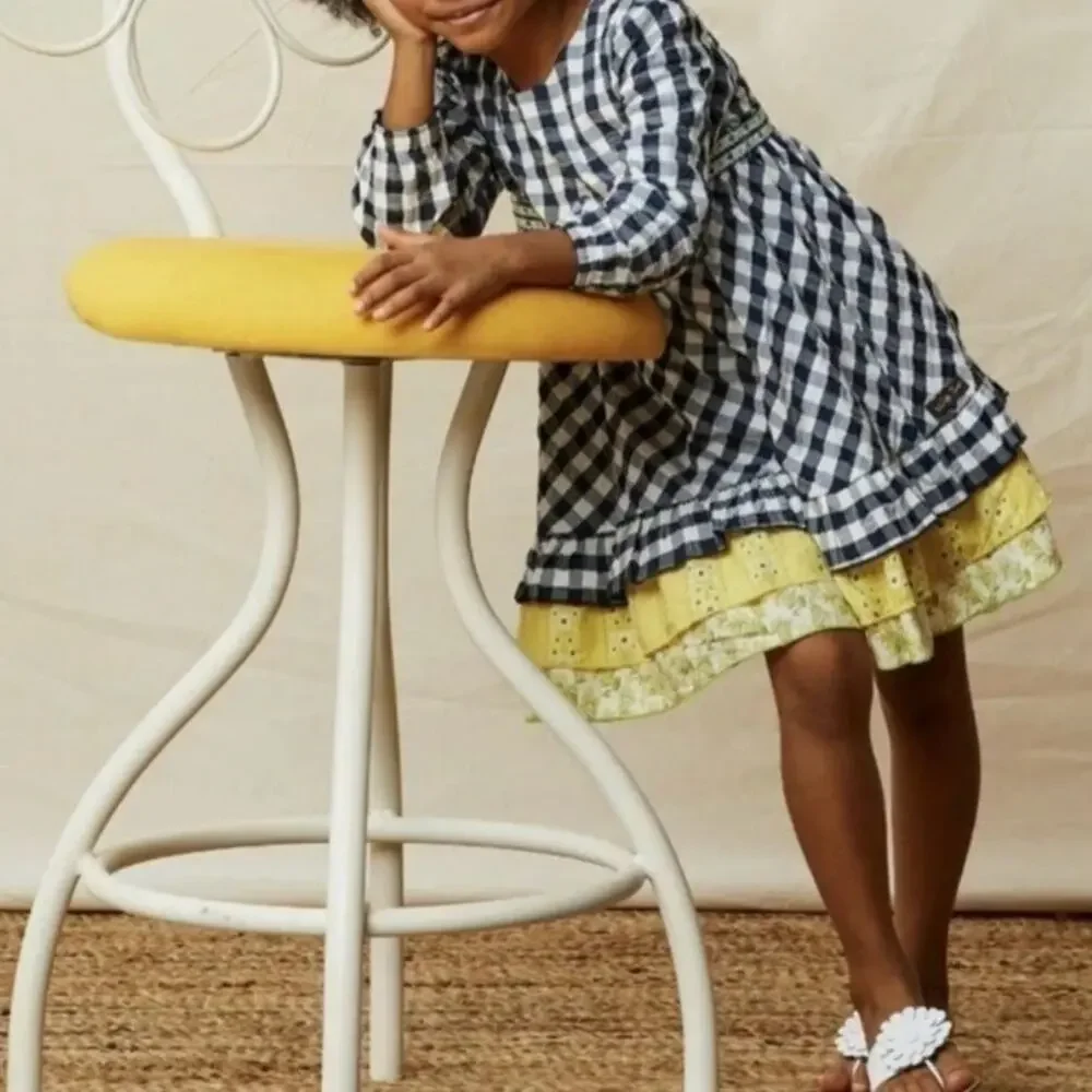 Matilda Jane Dress Girls 8 Navy Gingham Floral Long Sleeve Ruffle Cottagecore